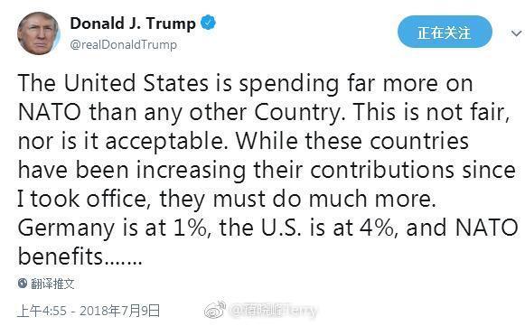 特朗普，不会承诺美国留在北约，除非欧洲支付他们的账单